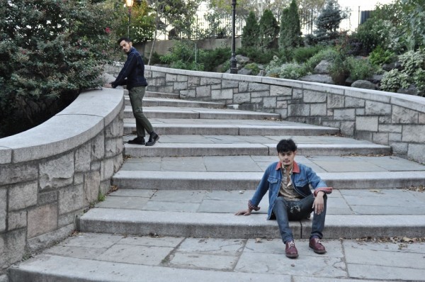 Joey in an Interwoven scarf, Rising Sun and Co. Jacket, Brooklyn Denim Co. chinos, Comme des Garçons x Dr. Martens shoes; Jimmy in a vintage YSL denim jacket, Engineered Garments shirt, RRL jeans, and Dr. Martens shoes