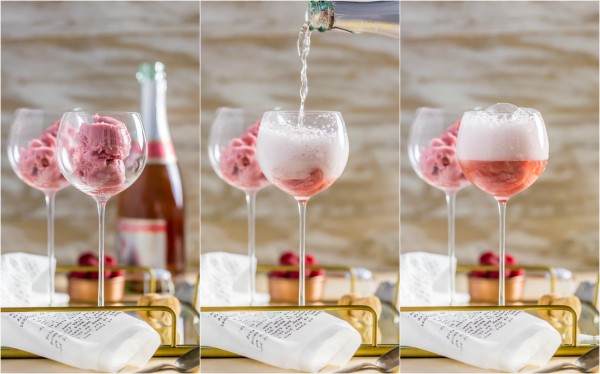 Raspberry Pink Champagne Floats, made with pink champagne and raspberry sorbet are the perfect Valentine's treat! Sorbet Mimosas are perfect for New Years Eve, Valentine's Day, baby showers, or wedding showers! Beautiful, EASY, and delicious!