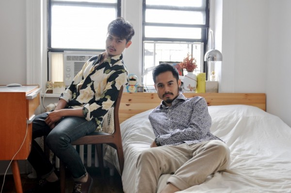 Jimmy Jimeno in an Agnes B floral shirt, RRL jeans, and Doc Martens 50th anniversary shoes; Joey Jimeno in an Epaulet x Liberty shirt and Taylor Stitch trousers