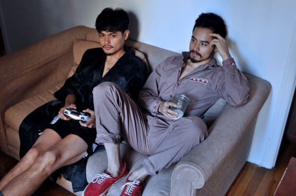 Jimmy in a vintage Christian Dior robe and custom Opening Ceremony soccer shorts; Joey in a Pigalle jumpsuit and J. Crew sneakers