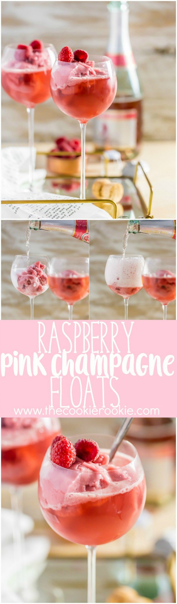 Raspberry Pink Champagne Floats, made with pink champagne and raspberry sorbet are the perfect Valentine's treat! Sorbet Mimosas are perfect for New Years Eve, Valentine's Day, baby showers, or wedding showers! Beautiful, EASY, and delicious!