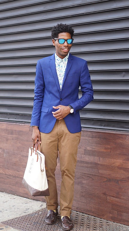 Blue Blazer, Floral Shirt, Mirrored Shades, Chinos - Style Society Gu