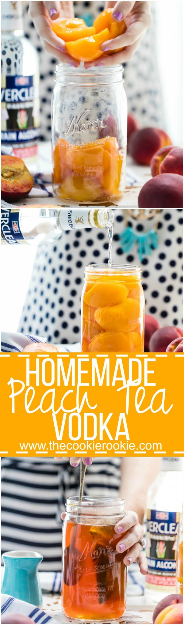 Homemade Peach Tea Vodka is an easy and fun DIY liqueur. Easily made by infusing Everclear with peaches and black tea, the perfect mixer for so many Summer cocktails!