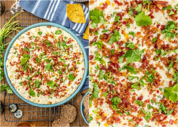 HOT CORN AND BACON BEER CHEESE DIP! The perfect appetizer for entertaining! Perfect for any party of tailgating! Our favorite Super Bowl Dip Recipe. Bacon Beer Cheese Dip is AMAZING!