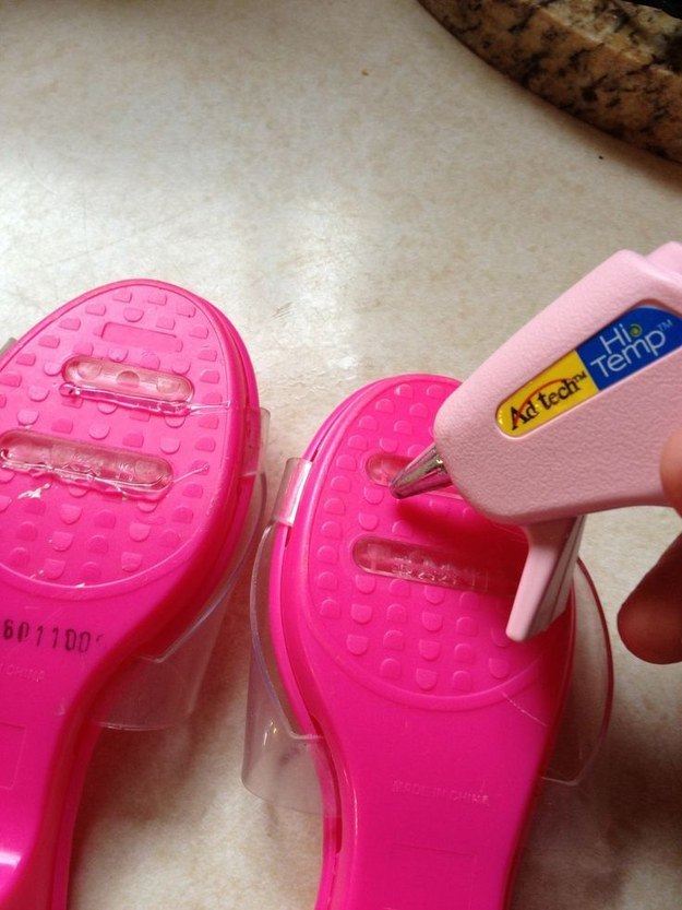 Use a glue gun to prevent shoes from slipping.