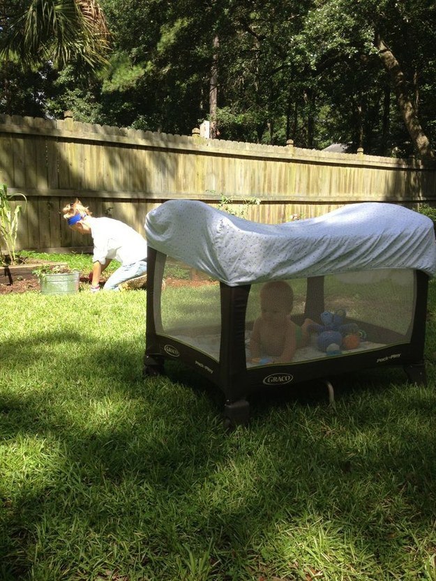 A crib sheet will keep an outdoor baby from getting bitten up by mosquitoes.