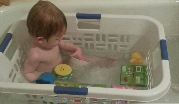 Bathe your child in a laundry basket so that their toys don’t float away.