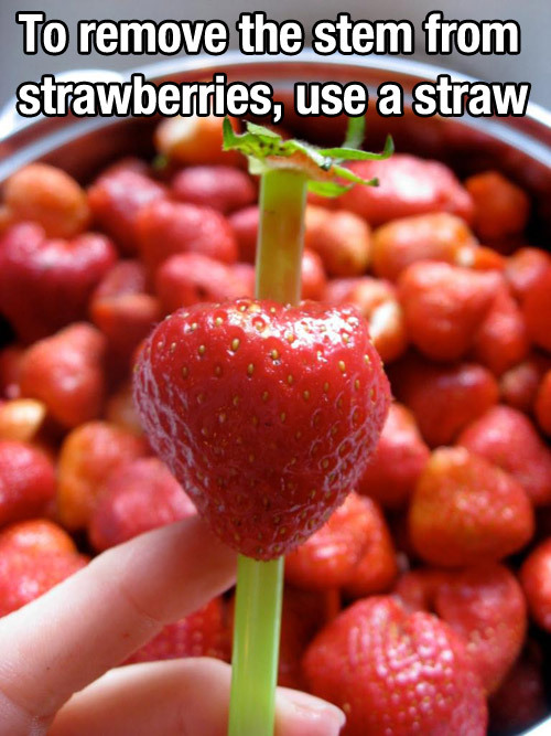 Use a straw to hull strawberries.