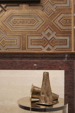 The walls are covered in de Gourney’s new bas relief “labrado” wallpaper and are hand-painted to mimic the craftsmanship of Morroccan leather.