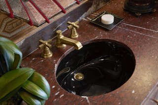 Caxton Undermount Sink  
 Pinstripe Sink Faucet
   Black fixtures create intrigue and feel luxurious in the context of the powder room.