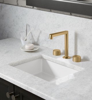 The modern yet timeless look and feel of the Components ™  collection* pairs perfectly with the refined warmth
of this finish. 
  Components™ bathroom sink spout (Row design)   Components™ bathroom sink handles (Oyl design)   Verticyl® Rectangle Undermount bathroom sink   *(Components available soon in Vibrant ®  Brushed Moderne Brass)