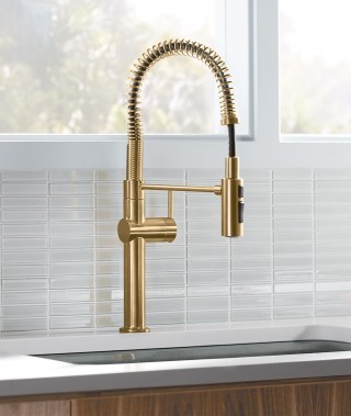 A simple arched spout and single-lever handle offer a straightforward, sophisticated style that adapts to nearly any kitchen design. 
  Crue™ Semiprofessional Kitchen Faucet